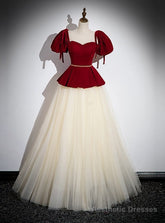 Champagne Tulle Burgundy Velvet Puff Sleeve Beading Prom Dress
